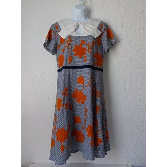 eShakti Floral Houndstooth Fit Flare Dress Bow White Blue Orange Size Fits M/L - Picture 1 of 12